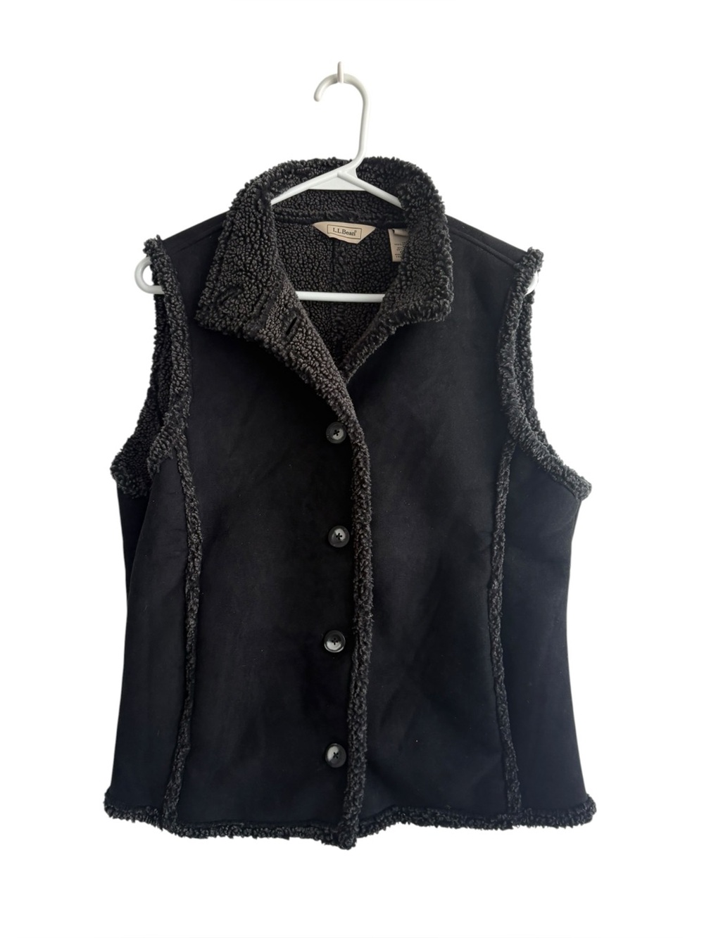 LL Bean Womens Medium Black Faux Suede Sherpa Lined Button Front Vest